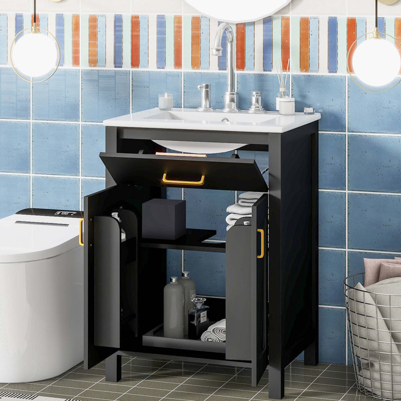 Black 24-Inch Freestanding Bathroom Vanity with Ceramic Sink