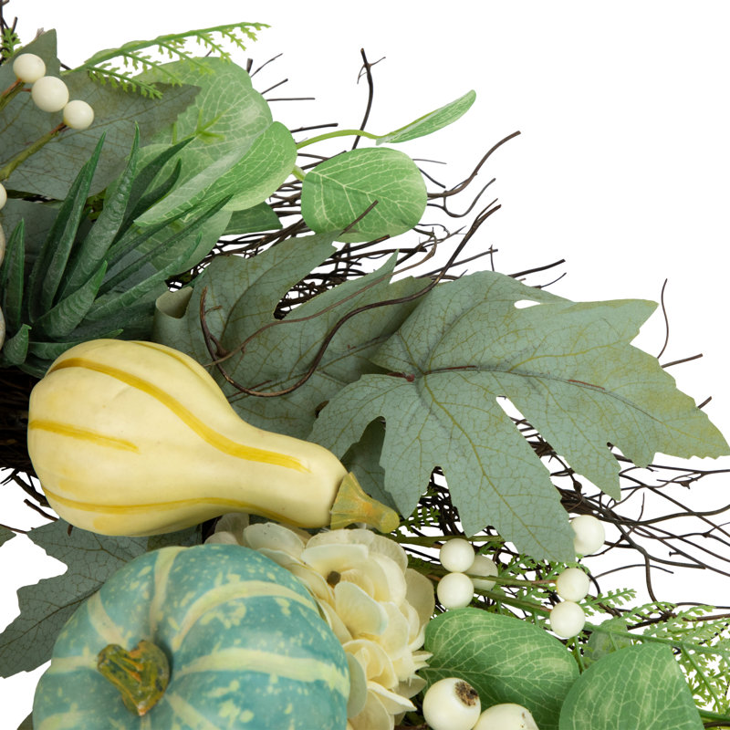 Couronne de récolte artificielle verte et blanche avec baies d'automne non éclairée 22 po