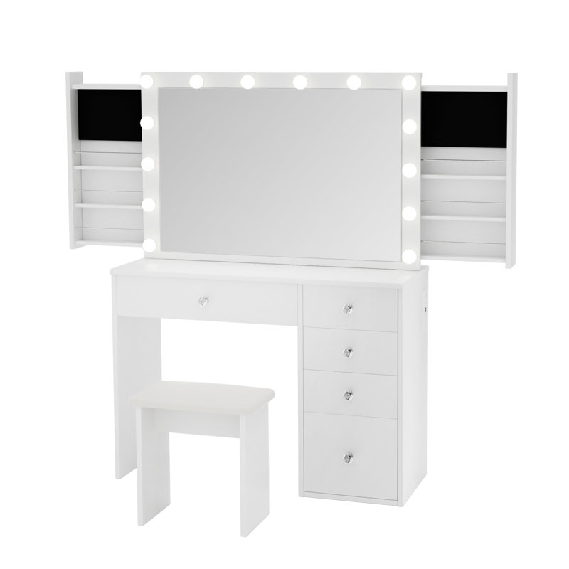 Greyden 14 Hollywood Bulbs Vanity Set with Hidden Space and Outlets, White