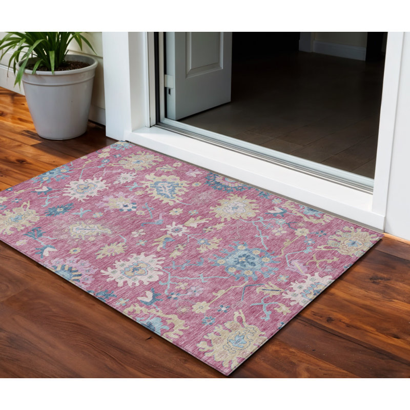 Tapis extérieur lavable floral rose ivoire et bleu denim 3 pi x 5 pi