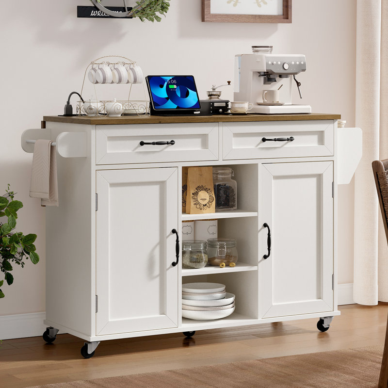 Îlot de cuisine de 110 cm avec prises électriques et abattant, desserte de cuisine à roulettes avec tiroir et tablette à épices