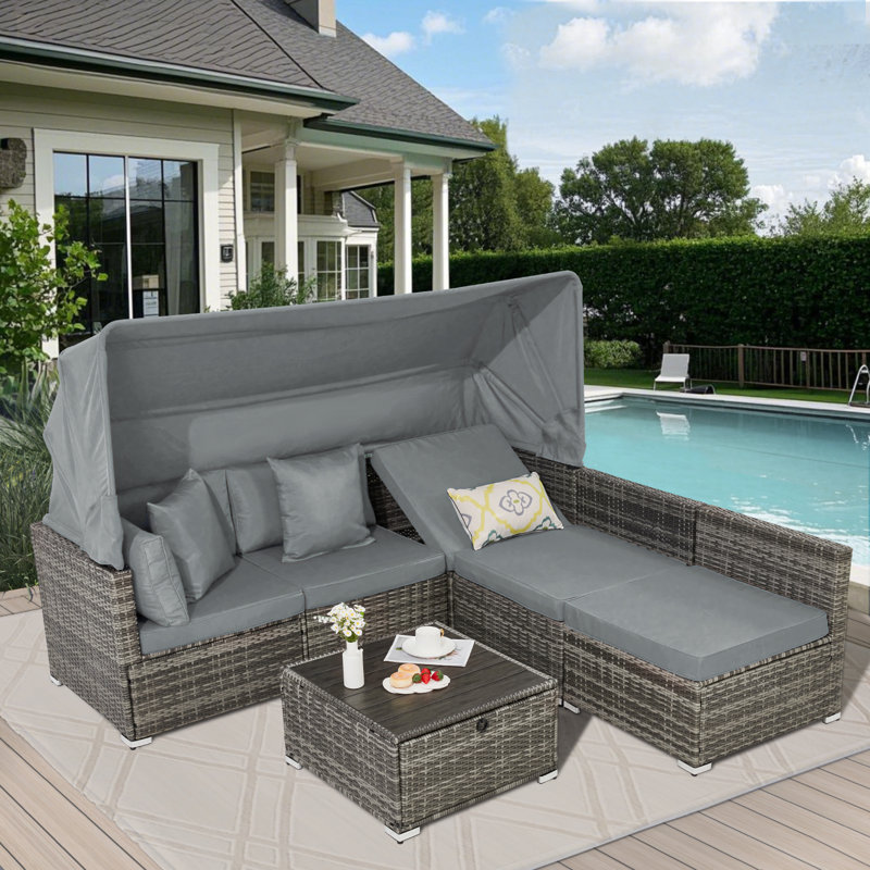 Yalissey 6 Pieces Patio Furniture Set,Outdoor Sectional Sofa Set With Retractable Canopy,Patio Conversation Sets With Adjustable Backrest For Backyard,Deck,Garden,Rattan,(Cushion)