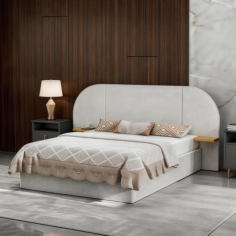  Upholstered Panel Bed with Oversized Arched Headboard and Side Ledges, Queen