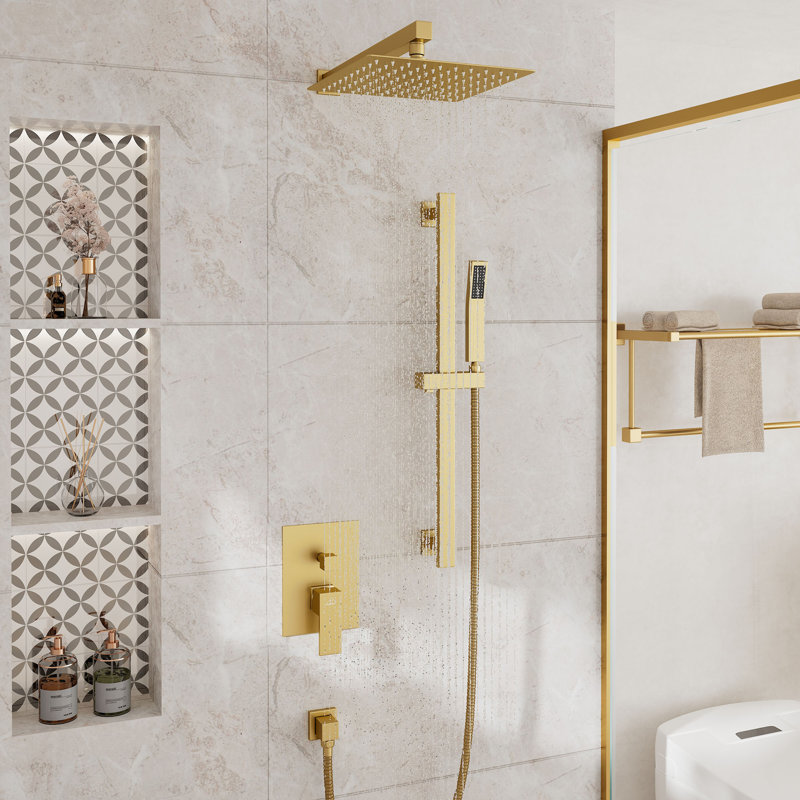 Slidea Complete Rainfall Shower System with Rough in-Valve and Slide Bar, Brushed Gold