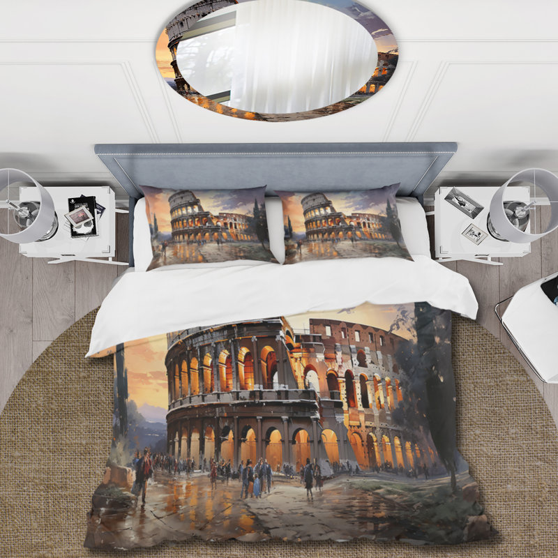 Beige Italy Colosseum Colosseo - Architecture Duvet Cover Set, Queen Duvet Cover + 2 Standard Shams