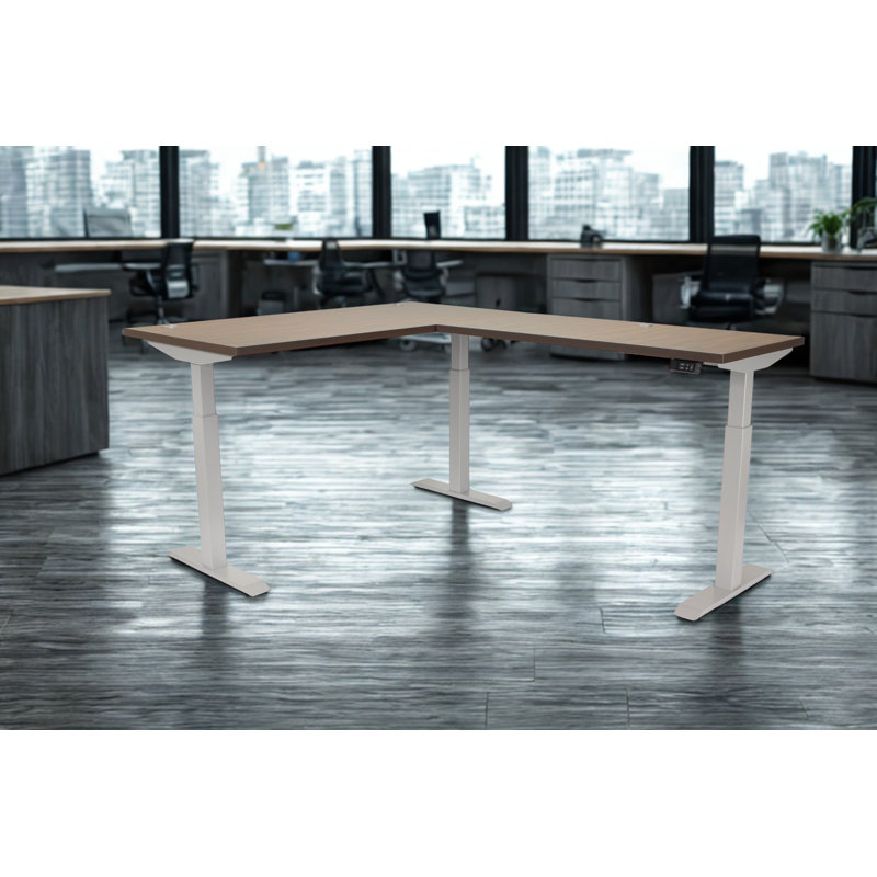 Skyline Electric Height Adjustable 72x24x48x24 L-Shape Standing Desk for Office and Home, Walnut Block Top with Brushed Silver Frame