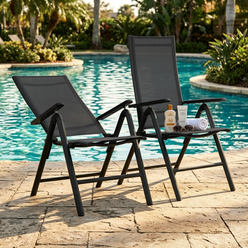 Outdoor Aluminium Textilene Folding Chair Set, 7-Position Adjustable Backrest