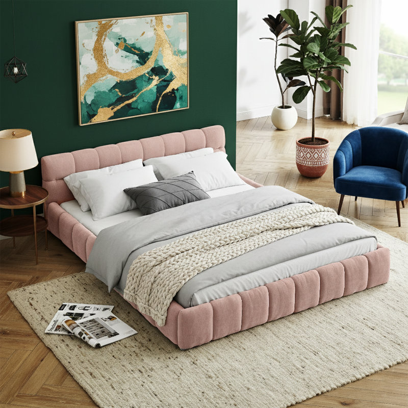  Lit plateforme grand 68 po avec lit à la terre de 68 po de largeur, tissu d'ameublement en chenille épais d'une capacité de 500 lb, aucun sommier tapissier requis, rose