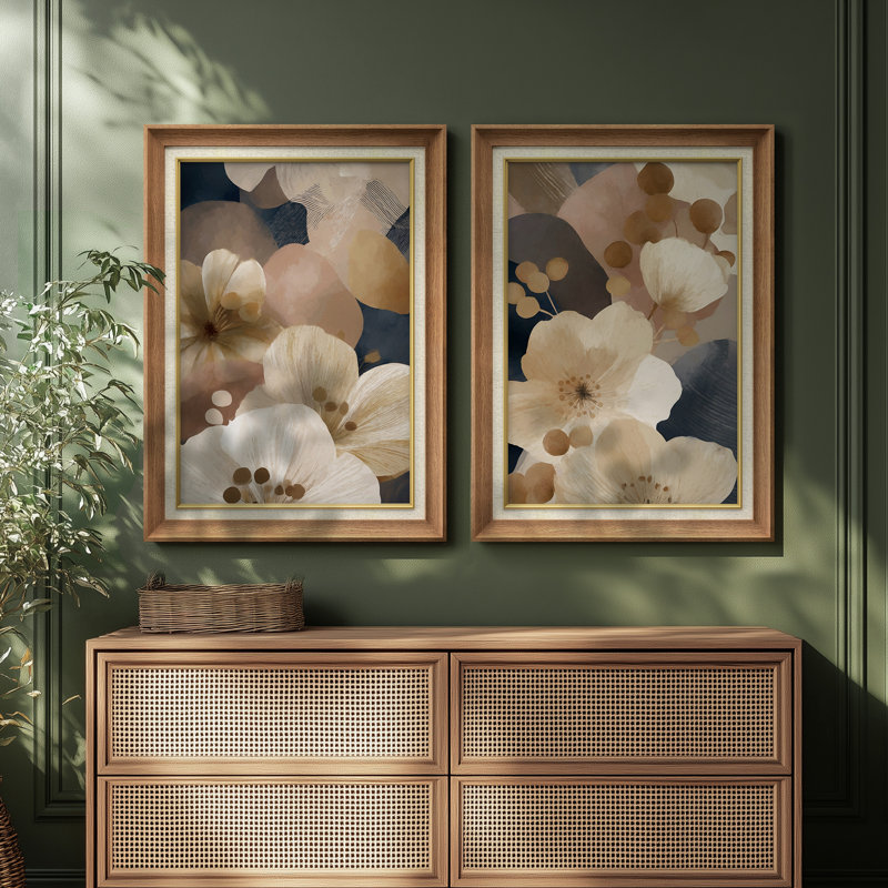 «Neutral Beige Floral Abstract», ensemble de 2 reproductions d'art encadrées de qualité supérieure sur papier 26 po x 36 po