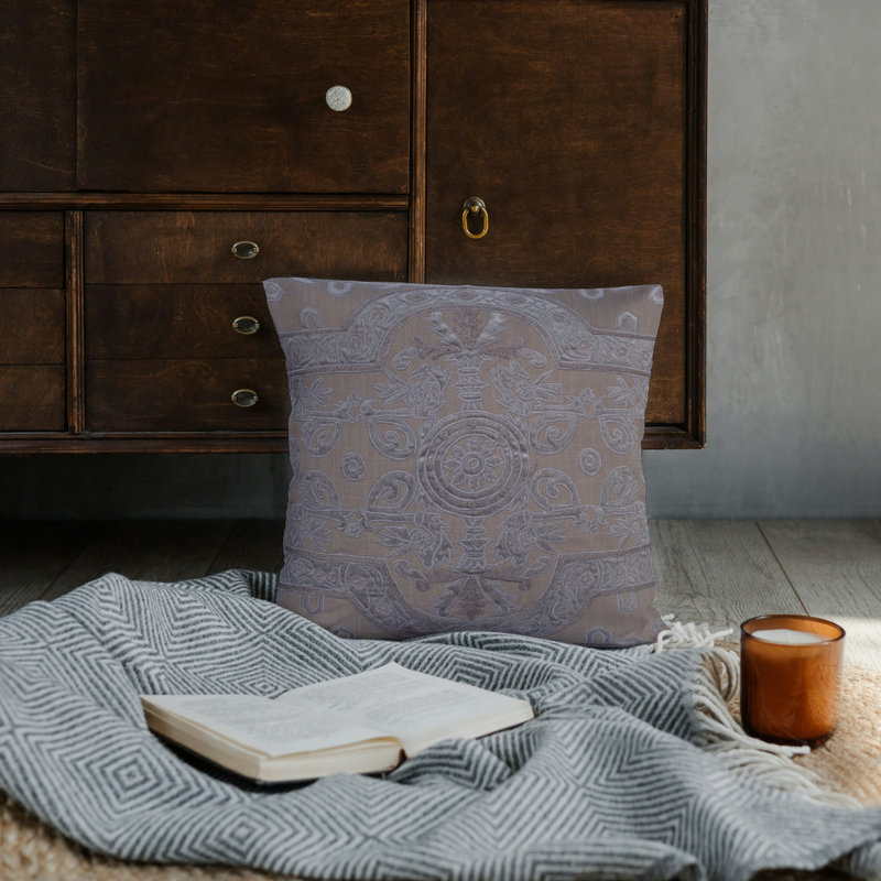 Square Brown and Cream Velvet Applique Embroidered Linen Pillow