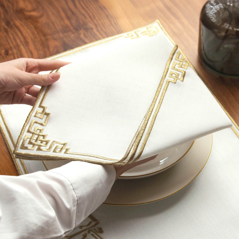 Embroidered White Linen Placemats with Gold Scrollwork – 24pc Elegant Table Mats Set for 6 Person | Islamic Decorative Dining Linens