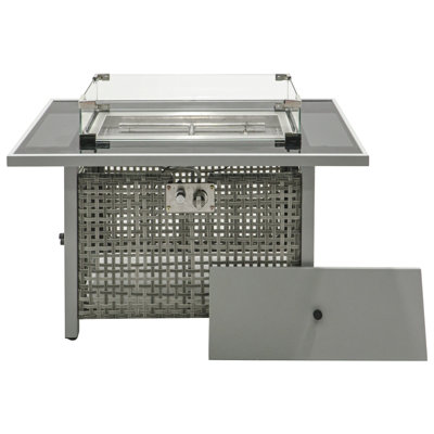 43" Propane Gas Fire Pit Table, 60000 BTU Rectangular Open Weave Wicker Fire Pit With Glass Wind Guard For Outside Patio Deck Garden Backyard