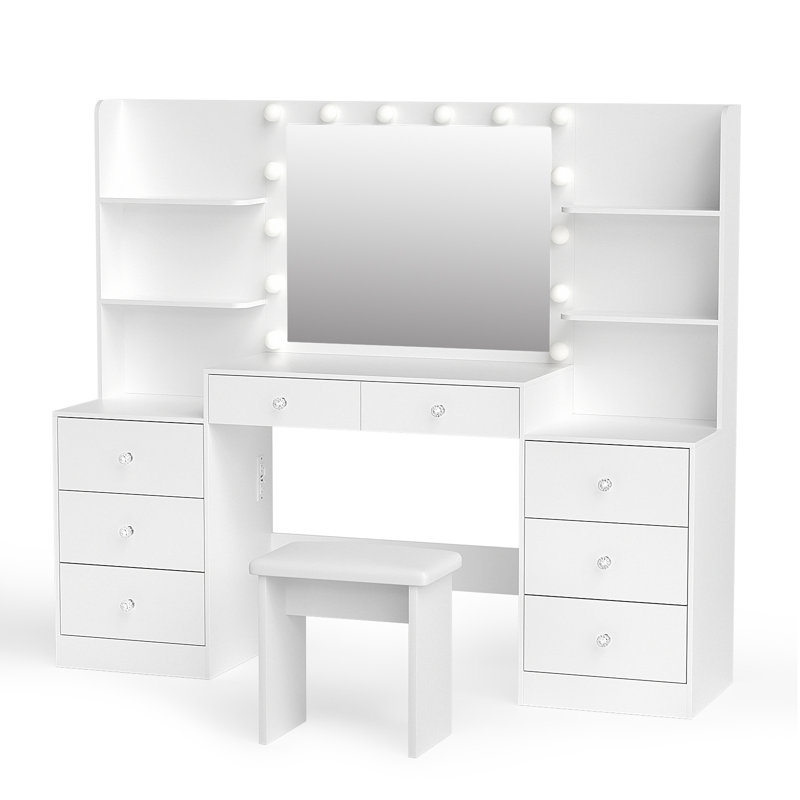 Greyden Zeibak Large Makeup Vanity With 8 Drawers, 14 Lighted Bulbs And Spacious Storage Space, White