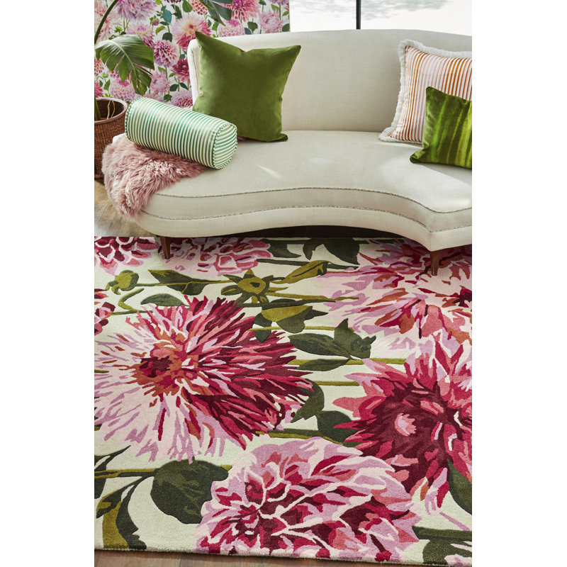 Dahlia Hand Tufted Wool Floral Area Rug in Pink/Green, Rectangle 5'7" x 7'10"