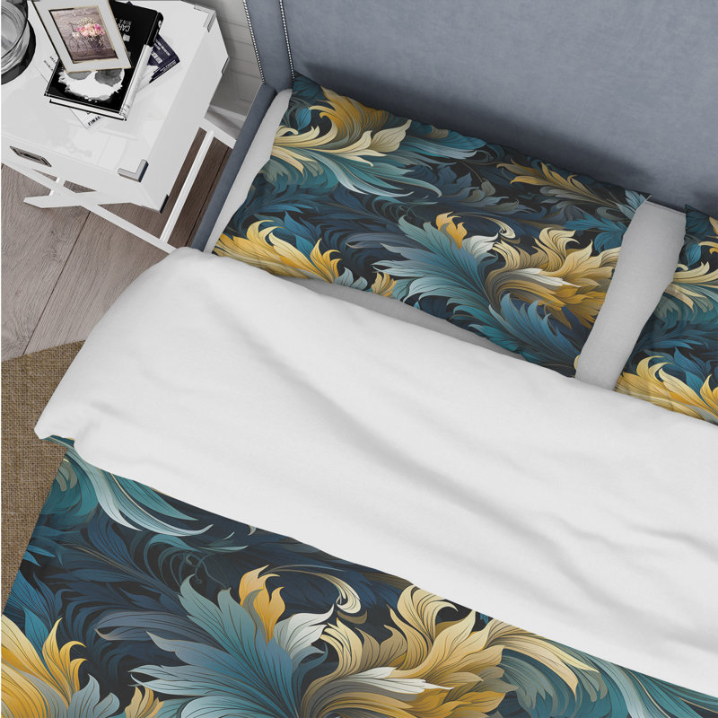 Literie feuille bleue et jaune Harmony, Housse de couette pour grand lit et 2 taies décor