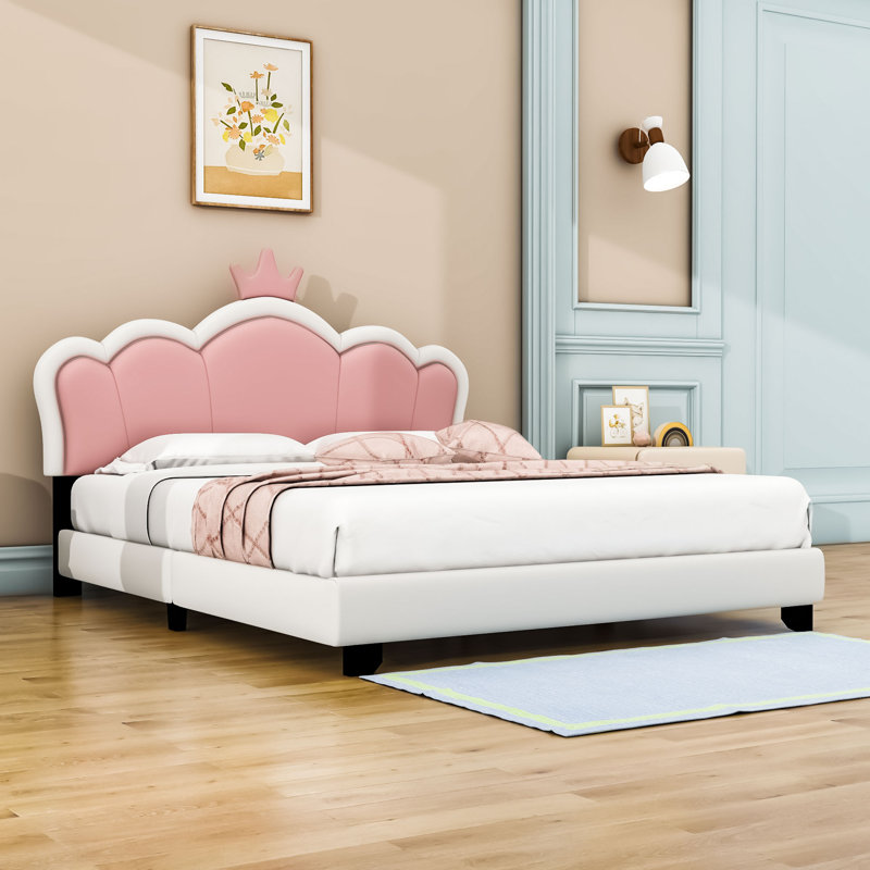 Lit plateforme tapissier avec tête de lit couronne, Full/Double, Pink/White