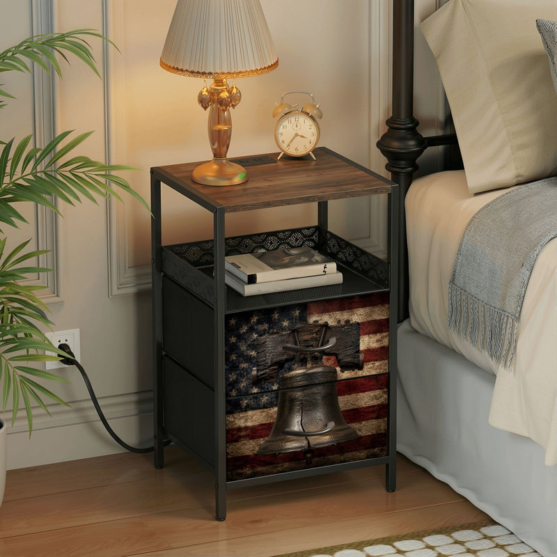 2 Drawers Nightstand with Charging Station, Bedroom Nightstand with USB Ports &amp; Outlets Open Shelf Black, night stand with Vintage Liberty Bell American Flag 250th Anniversary 1776 2026 Print