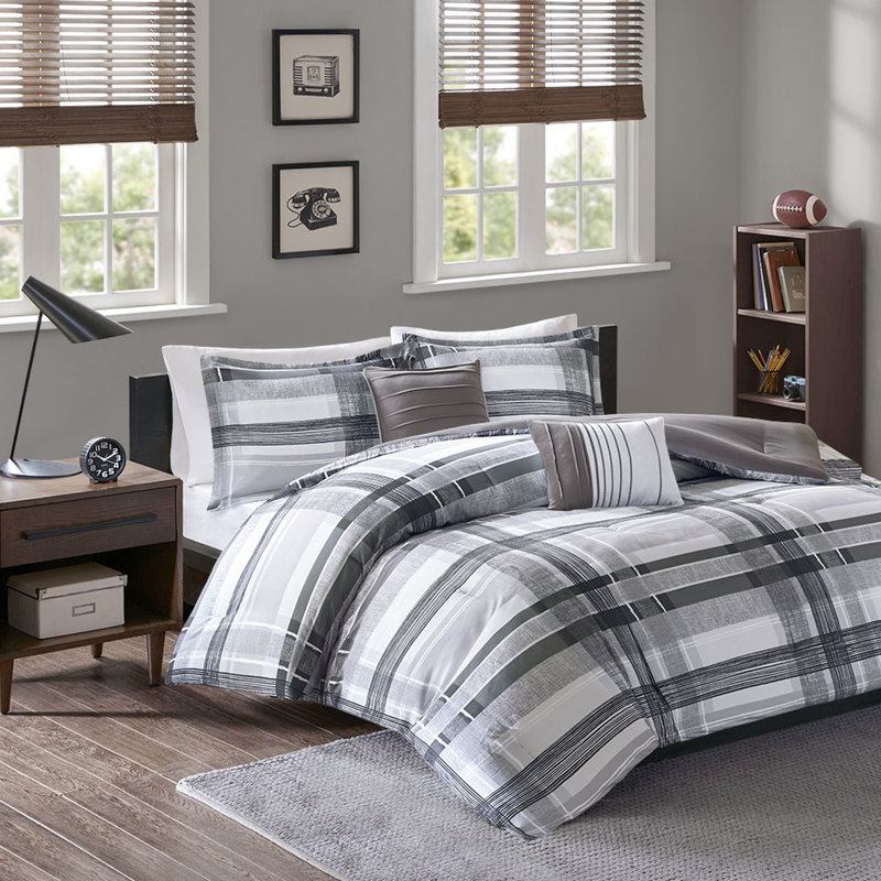 Édredon double / grand à carreaux - Literie élégante dans les tons de noir et de gris, 2 taies décoratives, coussins lavables modernes avec machine douce
