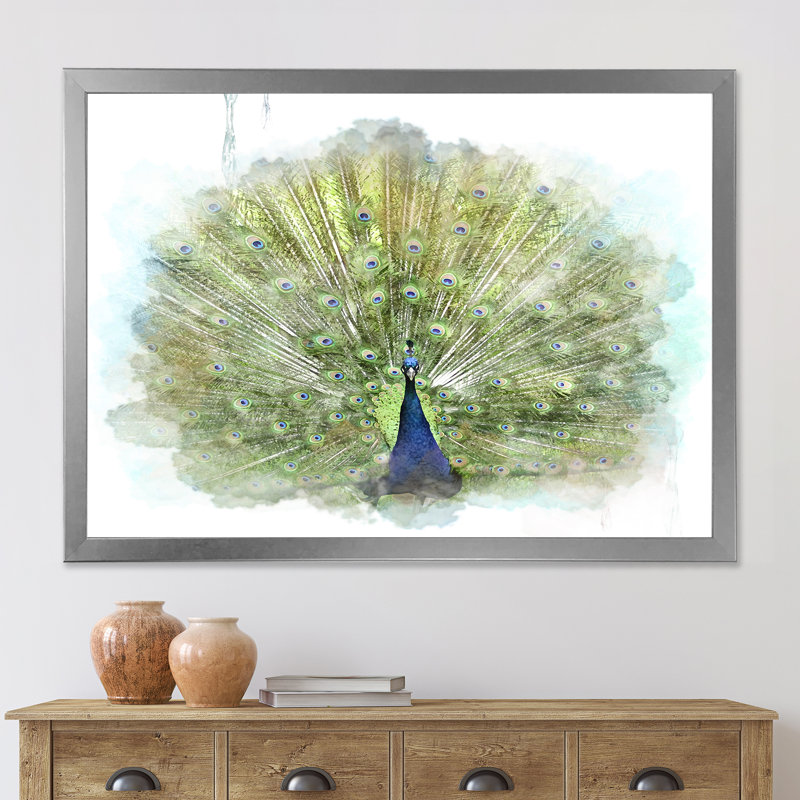 Paon, reproduction d'art sur toile, Toile avec cadre argenté, H 16 po x l 32 po x P 1,5 po