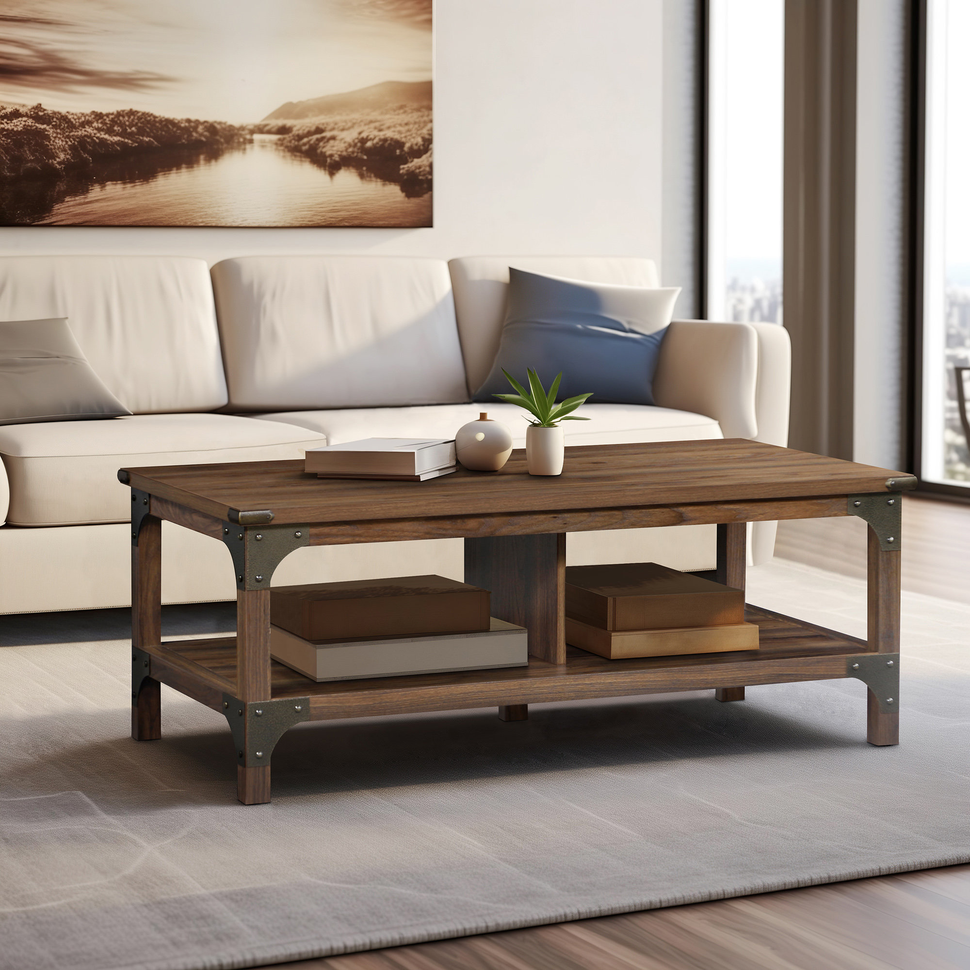 GUADALUPE Walnut Coffee Table With Open Shelves Wayfair