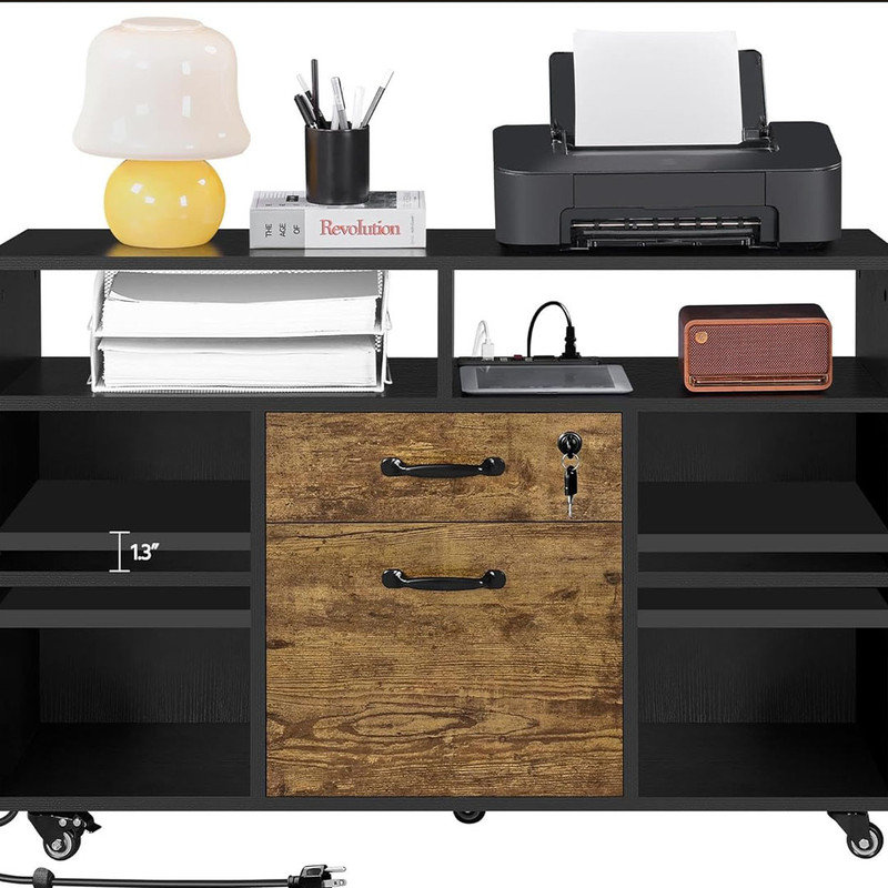 File Cabinet Filing Cabinets with Socket, USB Charging Port and 2 Drawers, Lateral Printer Stand Fits for Home Office Black/Rustic Brown