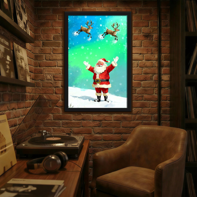 Noël père Noël avec renne dans un ciel enneigé, H 30 po x l 20 po