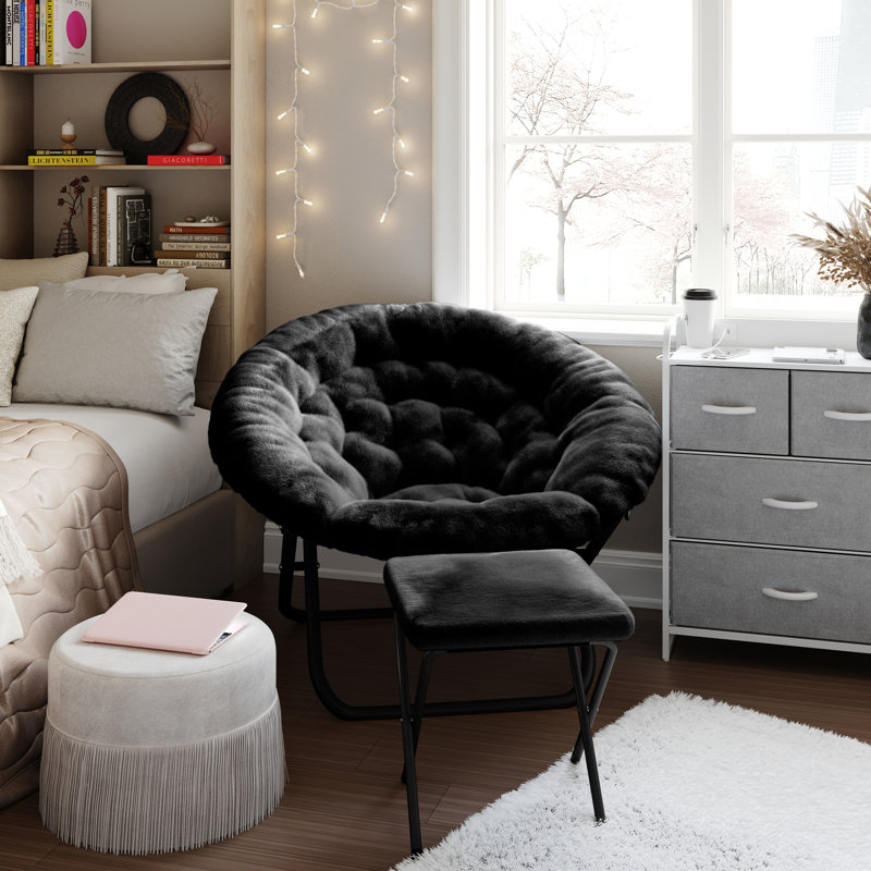 Oversize Portable Faux Fur Folding Saucer Moon Chair with Folding Ottoman, Black Polyester, Black