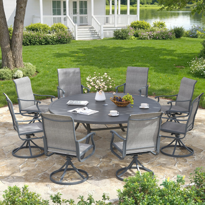 Ensemble repas 9 pièces pour terrasse avec fauteuil pivotant, Gris / Gris