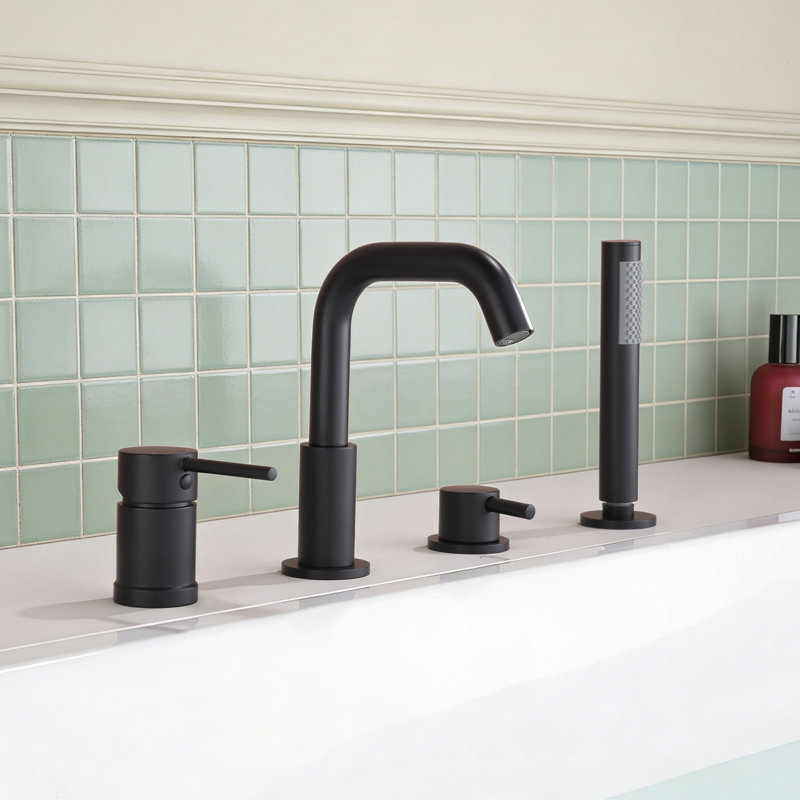 Solid Brass 2-Handle Deck Mounted Roman Tub Faucet With Handheld Shower, Matte Black