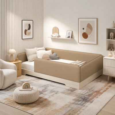 Modern Style Platform Bed with Tapered Legs, Solid Wood Bed Frame, Bed with Boucle Upholstered Headboard, Durable Wood Slat Support, No Box Spring Needed