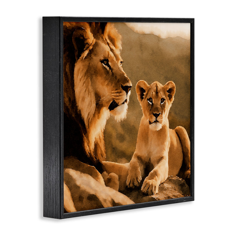 «Lion & Cub Portrait», estampe numérique par Noah Bay, H 12 po x l 12 po, Giclée encadrée noir minuit