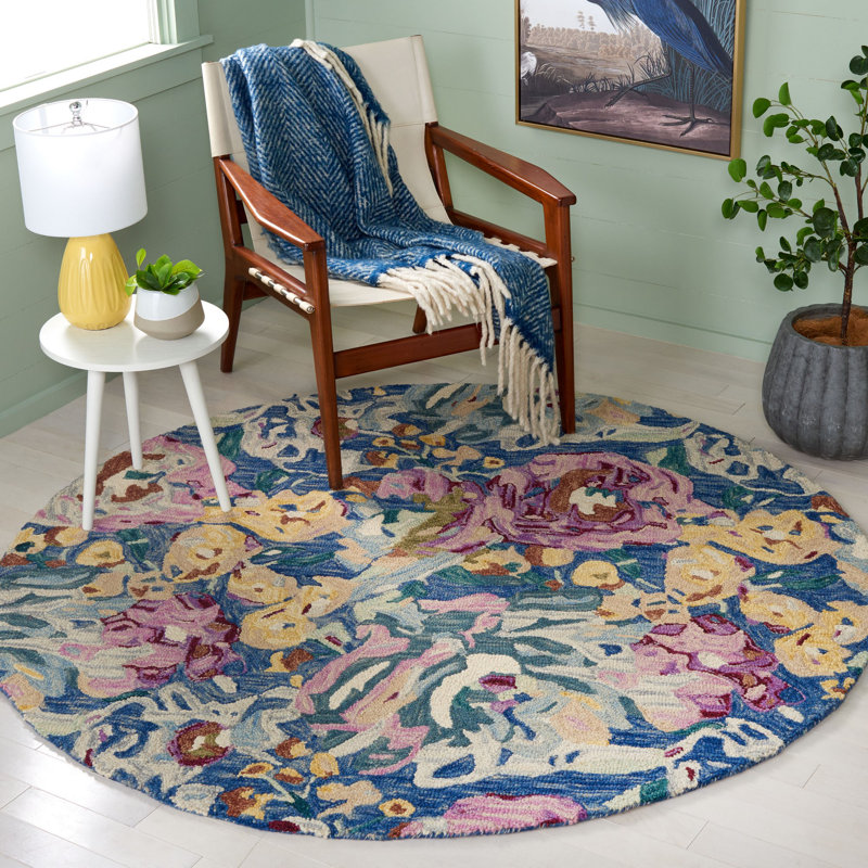 Tapis en laine / coton touffeté à la main Alilia bleu clair / prune / beige, Rond 6 pi