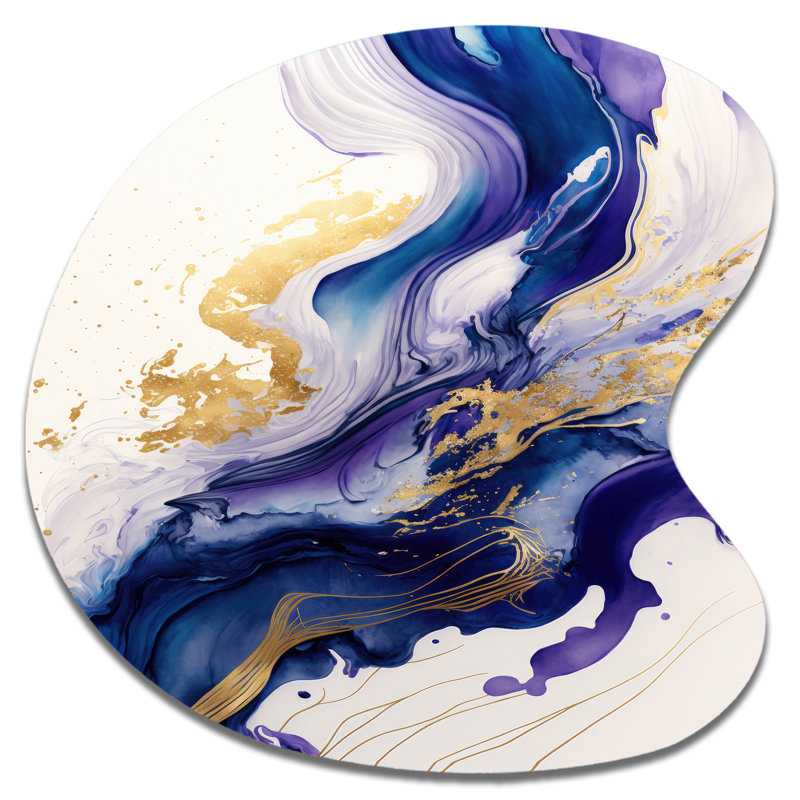 «Blue and Gold Splash Paint IV - Abstract Spirals», décoration murale asymétrique en métal, H 27 po x l 27 po