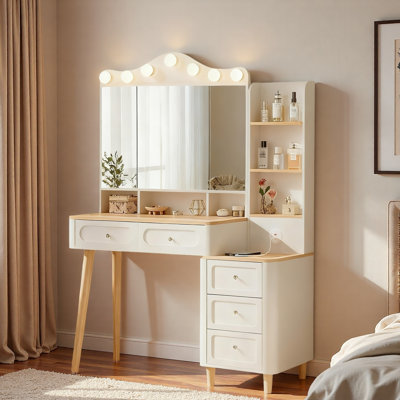 Bureau de meuble-lavabo avec miroir à trois côtés pliable 3 couleurs d'éclairage, 2 barres d'alimentation USB et 5 tiroirs