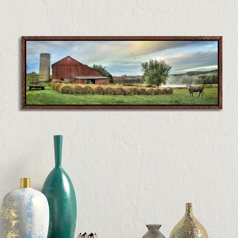 Hay Harvest by Lori Deiter - Panoramic Print on Canvas, Classic Brown Wood Framed, 30.48cm H x 91.44cm W x 3.81cm D