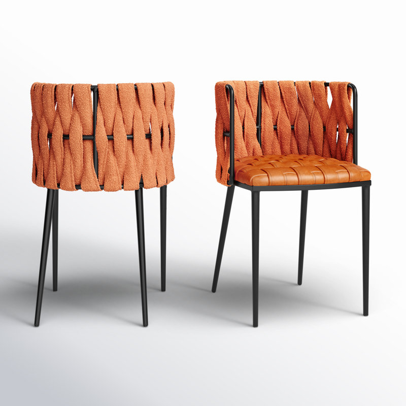 Tyrone Woven Strap Dining Arm Chair Set with Weave Design and Sleek Metal Frame, Orange Faux Leather, Black