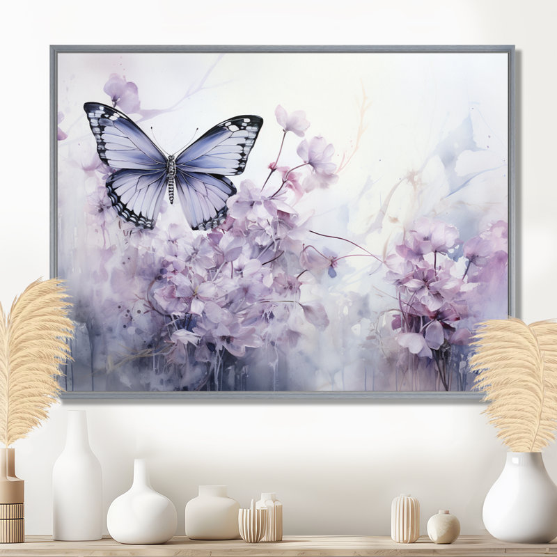 «Mauve papillon enchanté, vol I», art sur toile papillon, 30" H x 40" W, Encadrement argenté