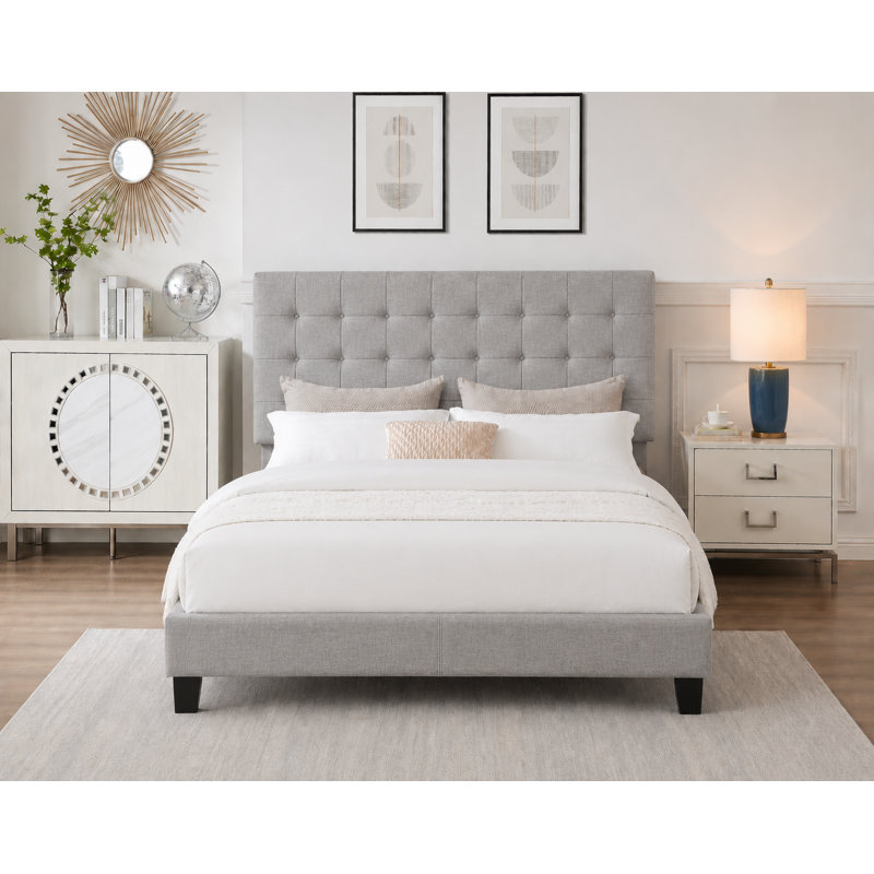 Lit plateforme tapissier contemporain avec tête de lit ajustable, lit en lin, gris, double Contemporary, Gris, Complet/Double
