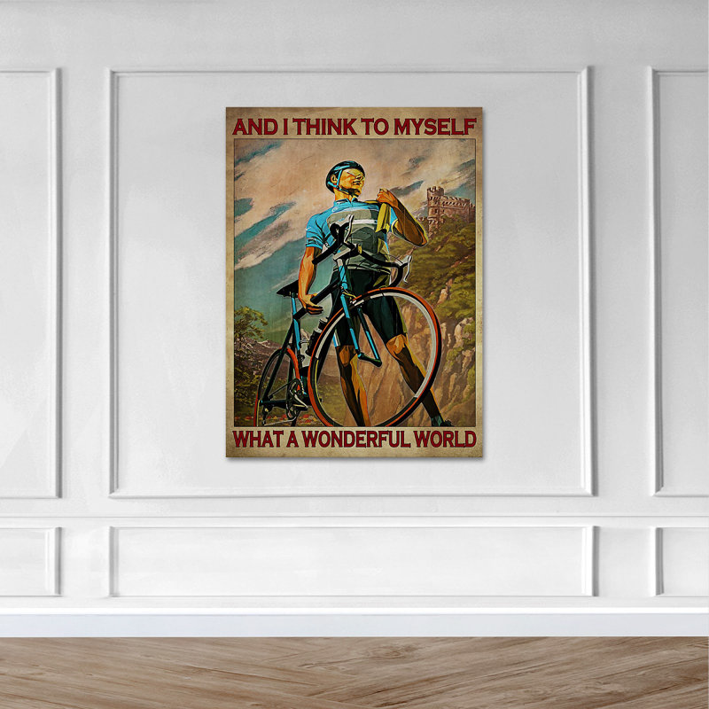 Man With Bicycle Near Mountain - And I Think To Myself What A Wonderful World - 1 Piece Rectangle Graphic Art Print On Wrapped Canvas