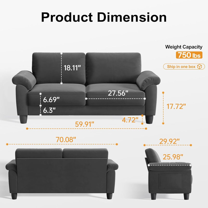 Ebern Designs 70" Velvet Loveseat Sofa, Mid Century Modern Couch with ...
