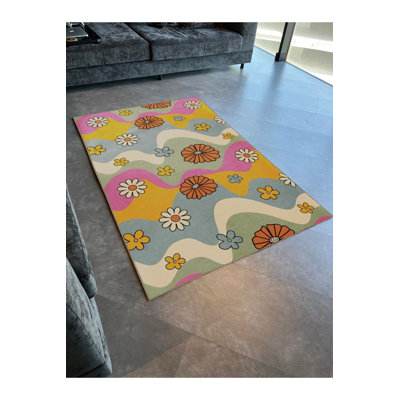 Machine Washable Light Tone Multicolor Wavy Section Flower Patterned Modern Decorative Rug