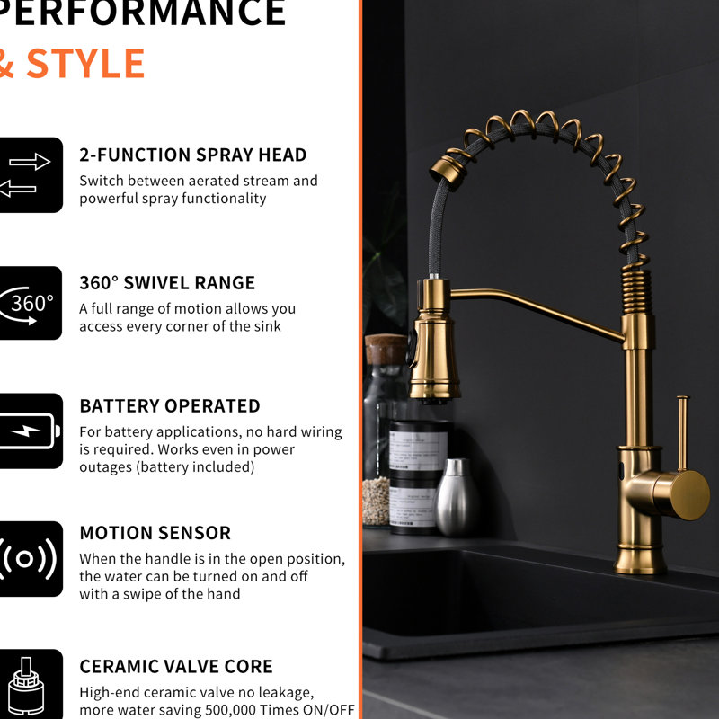 Mains - Robinet de cuisine automatique avec douchette rétractable - Évier moderne sans contact à finition or brossé et contemporain