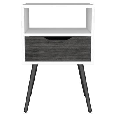 Table de chevet Fugaz, tablette ouverte, tiroir simple, finition chêne fumé / blanc