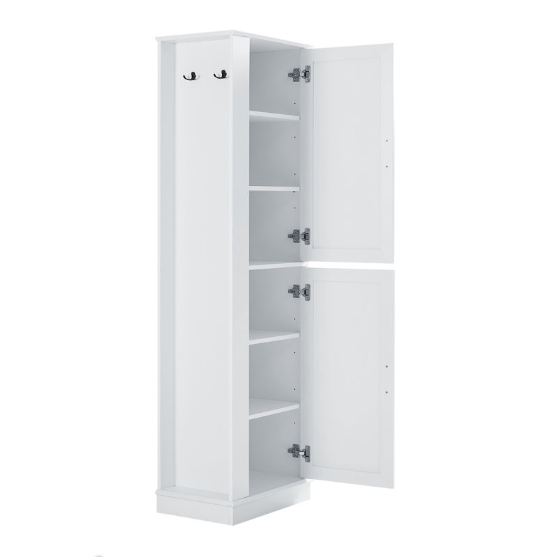 Tall Bathroom Storage Cabinet, Freestanding with Adjustable Shelf & Hook, Soft-Close Doors, MDF Board, White