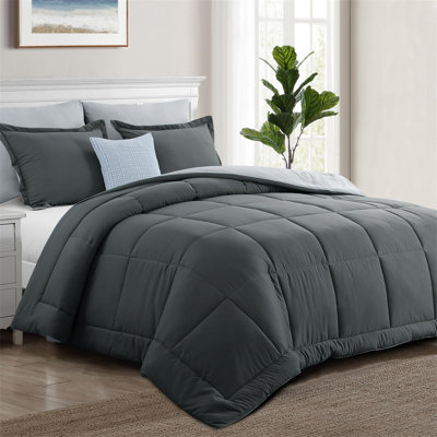 Ensemble d'édredon grand gris foncé et gris clair - Ensemble d'édredon réversible doux 3 pièces pour grand lit, édredon en duvet synthétique toutes saisons avec 2 taies décoratives