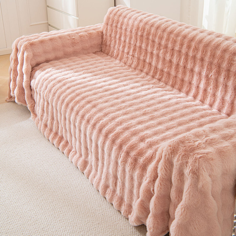 1-Piece Faux Fur Box Cushion Slipcover, 71" H x 134" W, Pink