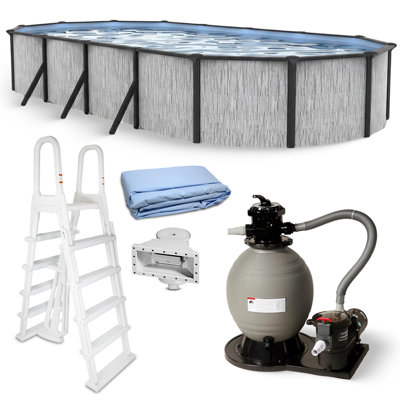Blue Wave Sevilla 15x30-ft Oval 52-in Deep Hard Sided Steel Wall Above Ground Pool with 6-in Steel Top Seats, Dual-Speed Sand Filter System, Ladder, Skimmer & Liner – 9,900 Gallon Cap for Family Use