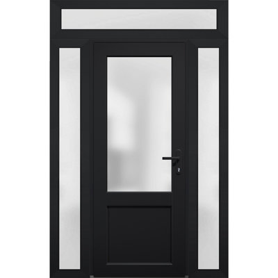 Front Exterior Prehung FiberGlass Door Frosted Glass / Manux 8422 Matte Black / 2 Side and Top Exterior Window / Office Commercial and Residential Doors Entrance Patio Garage-W12+36+12" x H80+14"-Left-hand Inswing