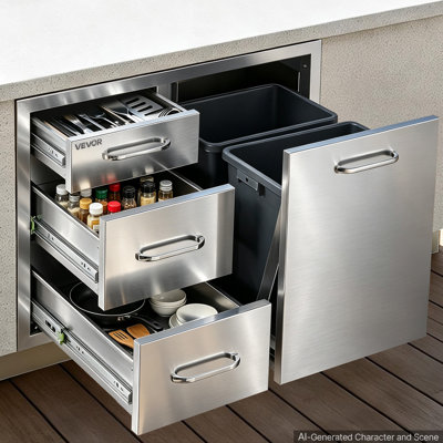 Outdoor Kitchen Drawer Combo, 20"W x 20"H x 28"D, Dual Trash Bins, for BBQ Island Storage, Patio Bars and Grill Station, with Handle, Built-In BBQ Island Drawers Organize Cookware Accessories