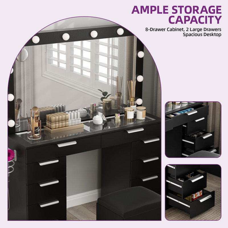 10-Drawer Makeup Vanity Desk with Large Mirror, Black